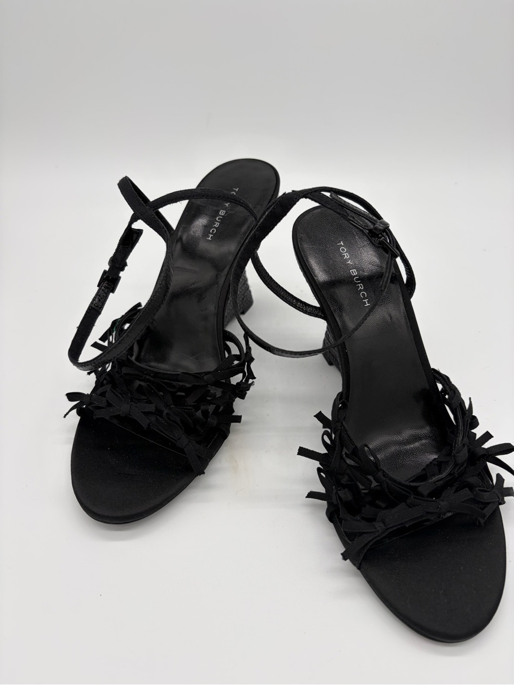 Tory Burch Black Strappy Fringe Heeled Sandals